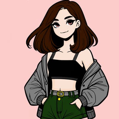 a realistic girl with a crop top and short shorts in an open jacket