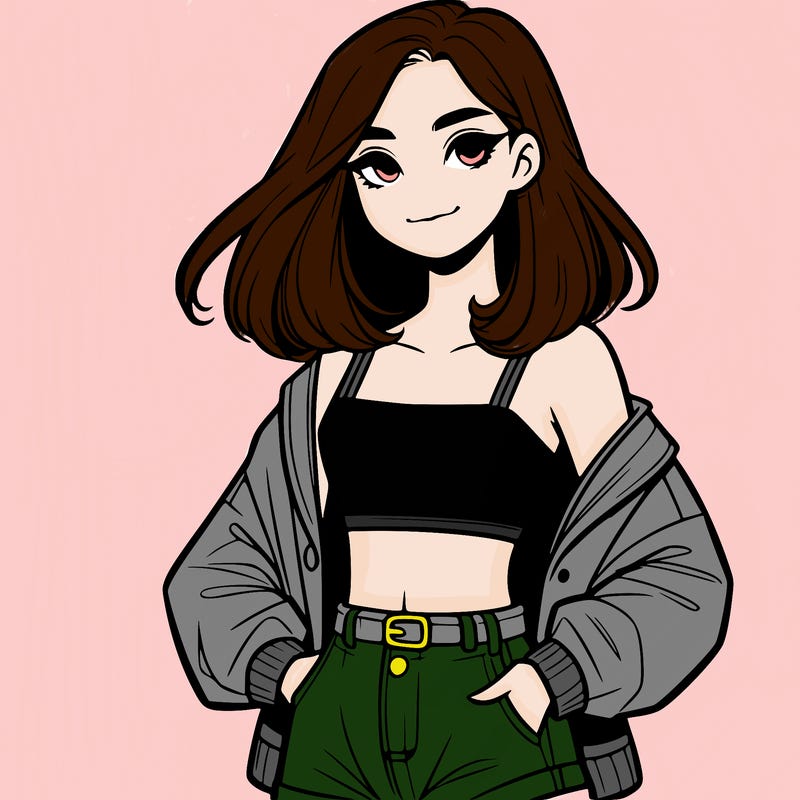 a realistic girl with a crop top and short shorts in an open jacket