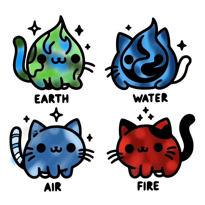 4 cats that represent the different elements, earth, water, air, and fire
