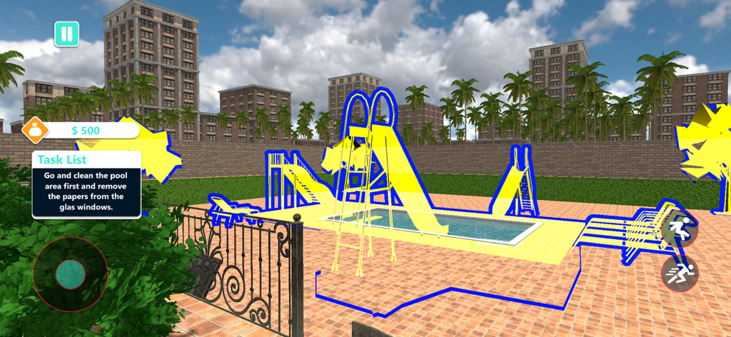 Water Park Supervisor Sim Game - Captura de pantalla de la jugabilidad en 3D del Juego Sim de Gerente de Parque Acuático que muestra una lista de tareas y toboganes en el área de la piscina.