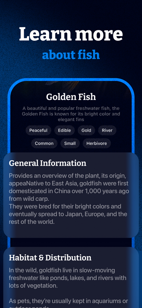 Fish Identifier & Scanner App - A detailed fish species profile in the Fish Identifier app showing general information and habitat for a Golden Fish