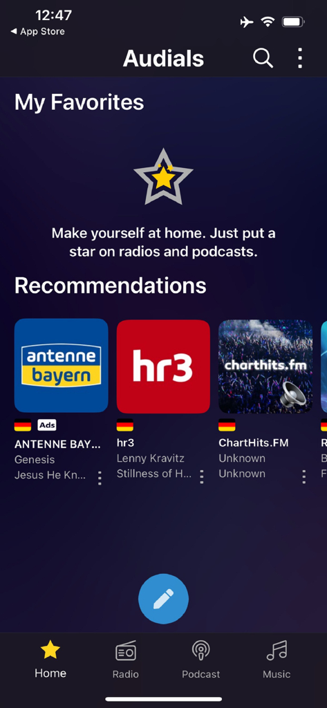Audials Play - Radio & Podcast - Audials Play mobile app home screen with radio recommendations and navigation menu