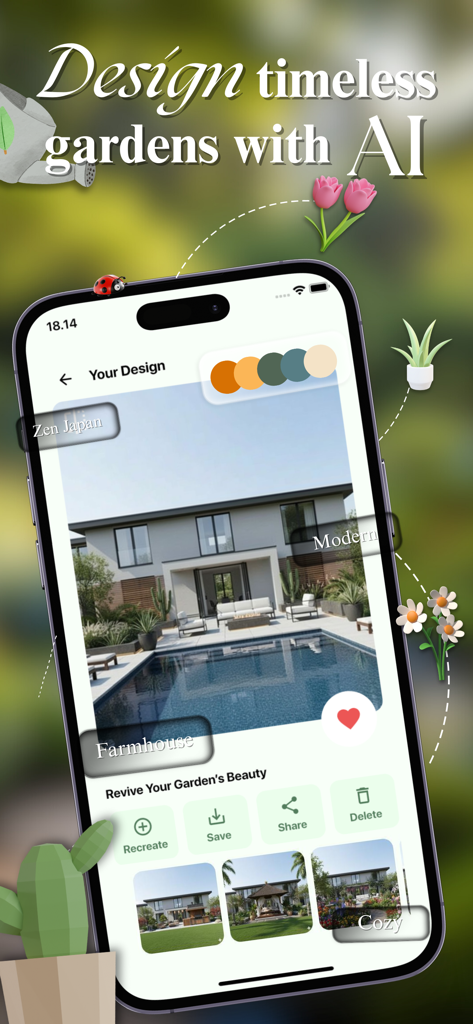 A smartphone showing the AI Garden Design Pro 3D app with a visualization of a modern backyard garden and swimming pool.