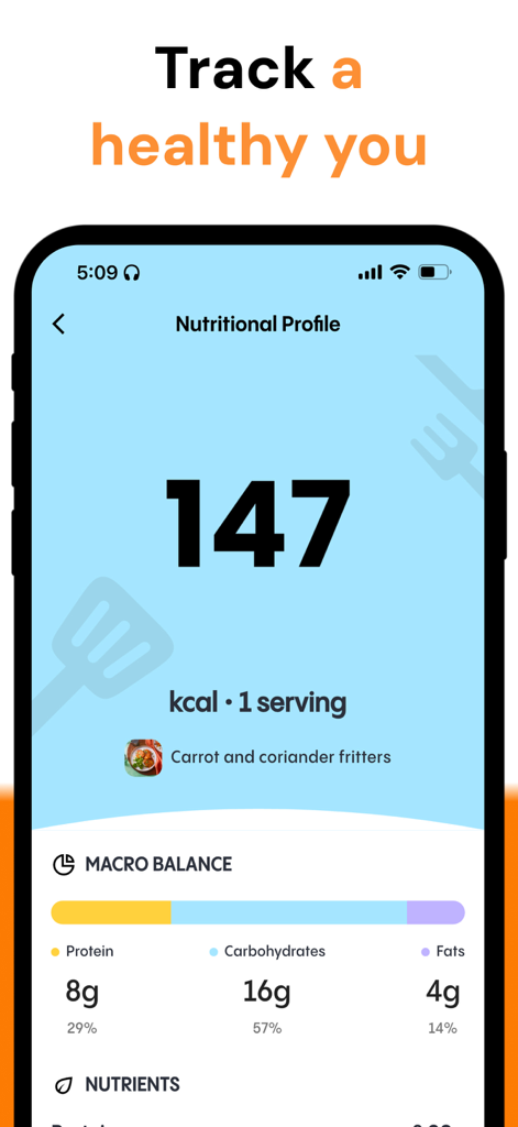 Reciply app nutritional profile screen displaying calories and macro balance for a recipe