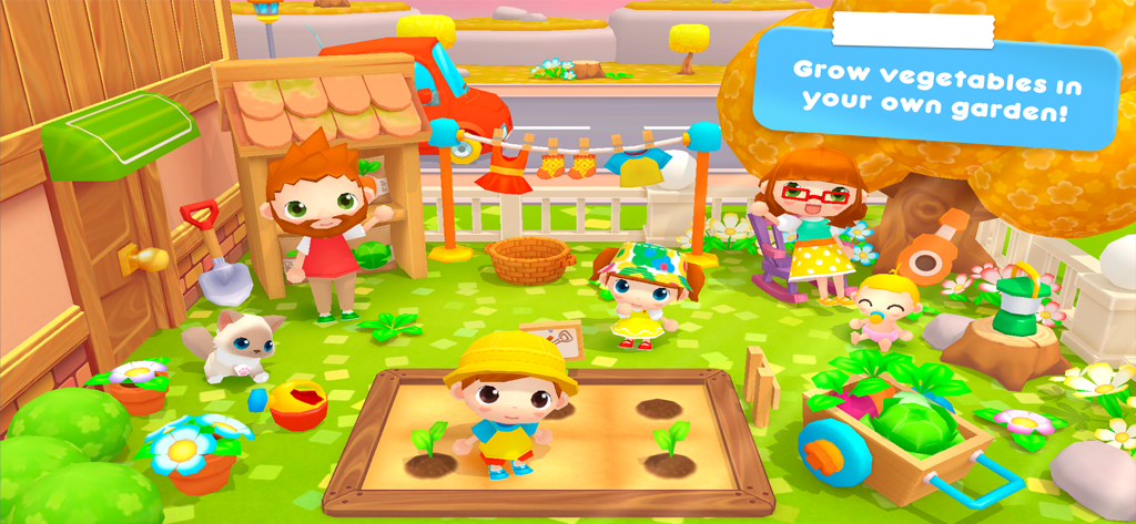 A family of characters gardening and growing vegetables in the backyard of the Sweet Home Stories app