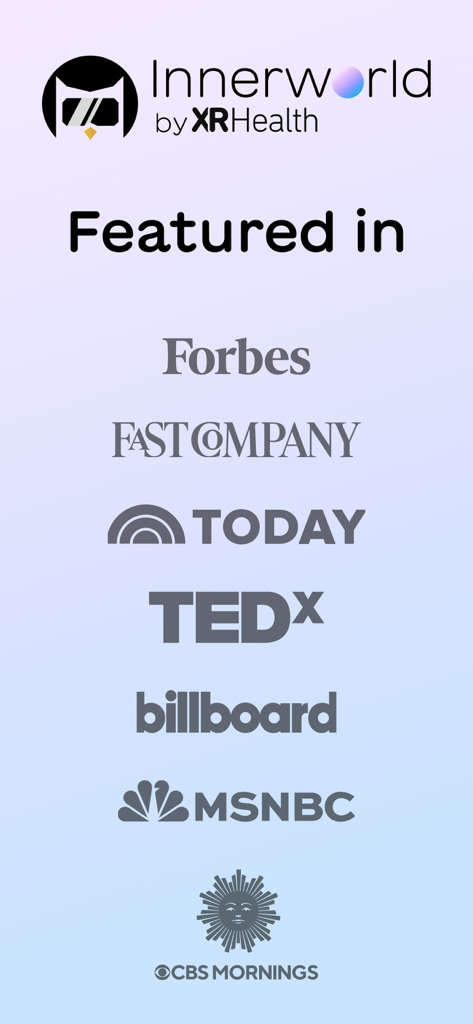 Innerworld: mental health help - Logos of major media outlets including Forbes Today and TEDx that have featured the Innerworld app