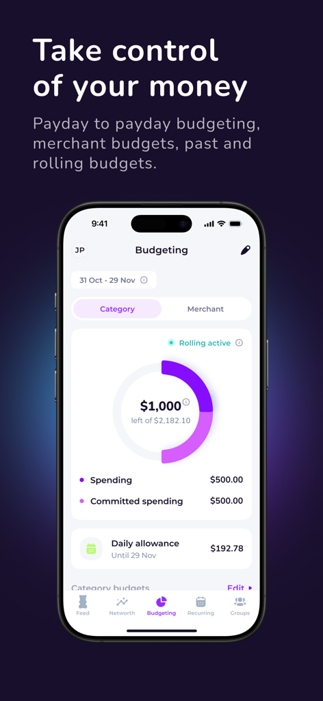 Screenshot of the Emma budget planner app showing a budgeting dashboard with a spending donut chart and daily allowance display.