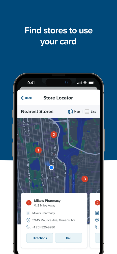 Benefits Pro - Benefits Proアプリの店舗検索画面で、近くの薬局と連絡先情報が表示された地図を表示