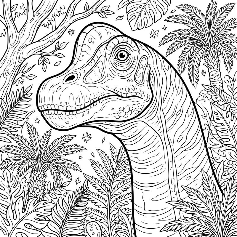 Dive into a prehistoric adventure with this intricately detailed Brachiosaurus head coloring page, specially designed for teens. Explore its distinctive features amidst lush jungle foliage, perfect for an engaging coloring session.