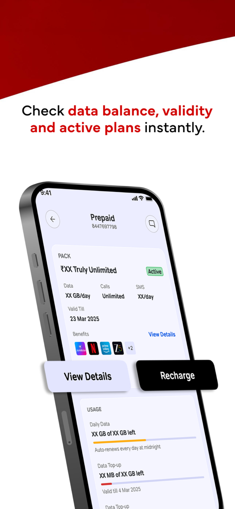 Capture d'écran de l'application Airtel Thanks affichant la validité du solde de données prépayé et les détails du forfait actif