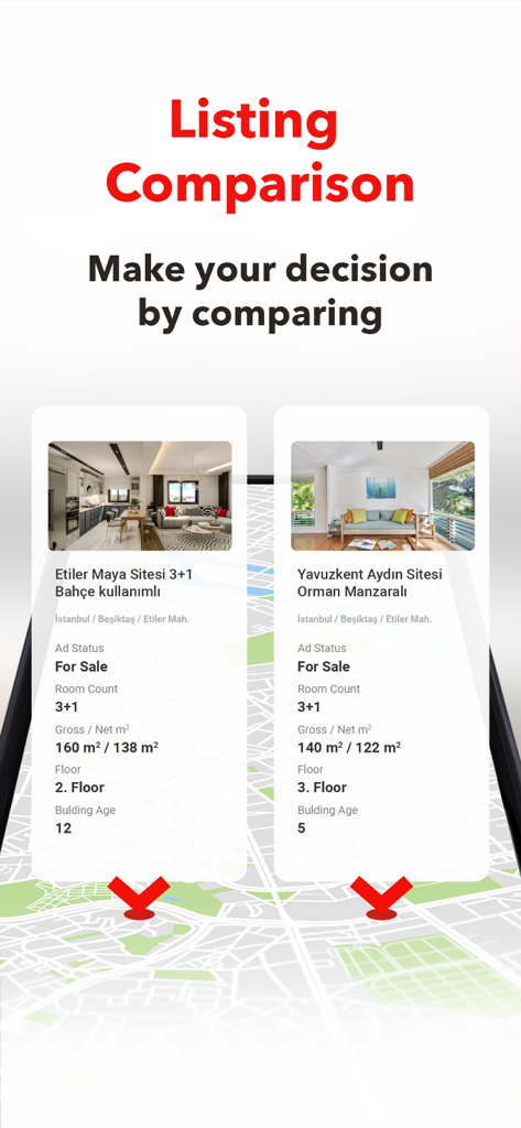 Hepsiemlak – Property Listings - Comparação lado a lado de duas listagens de imóveis no aplicativo Hepsiemlak