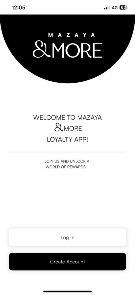 Mazaya and More - Pantalla de bienvenida de la aplicación de lealtad Mazaya and More que muestra los botones de inicio de sesión y creación de cuenta