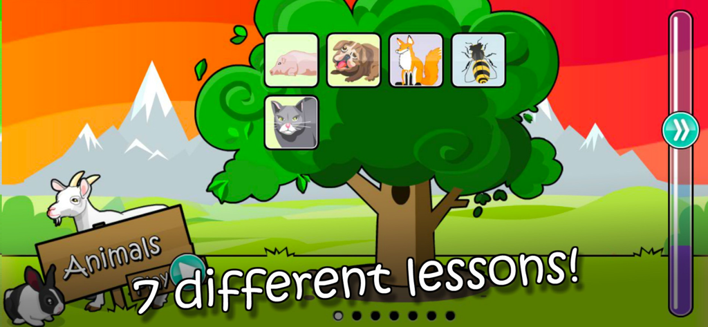 English for Kids - Preschool - Cartoon interface of the Mingoville Preschool app showing a vocabulary tree for animal-themed lessons.
