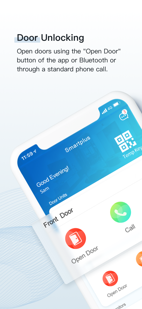 Akuvox SmartPlus - Akuvox SmartPlus app interface showing remote door unlocking and call buttons on a smartphone screen
