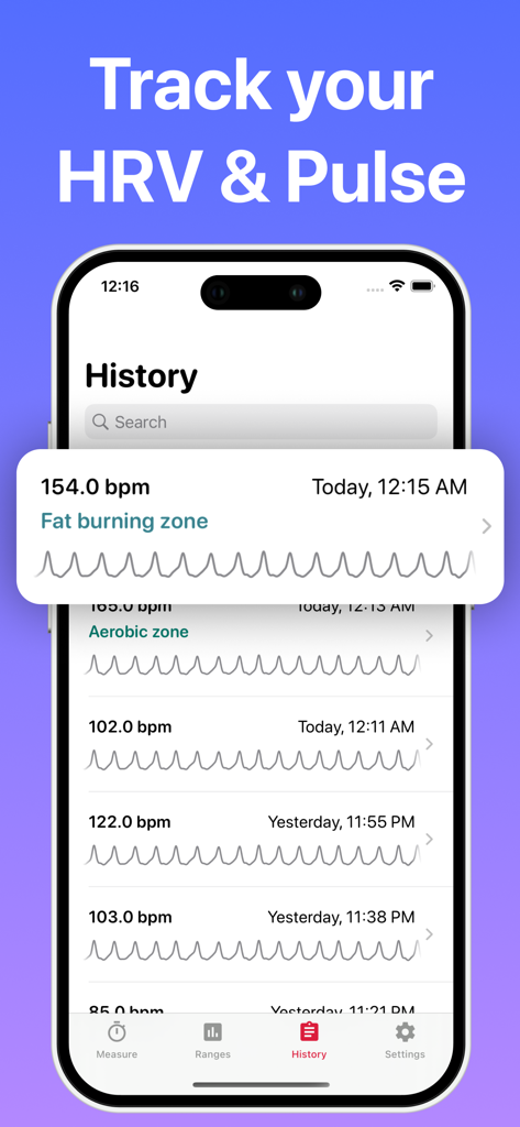 Mobile app screen showing a history of heart rate measurements with pulse wave graphs and training zones.