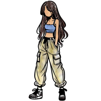 girl in baggy pants crop top and long hair