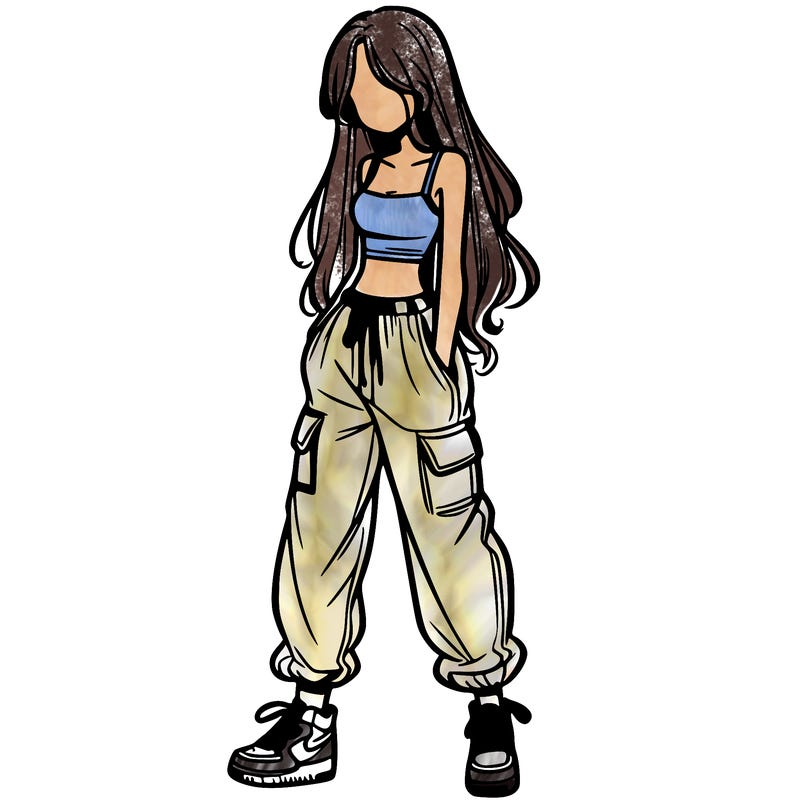 girl in baggy pants crop top and long hair