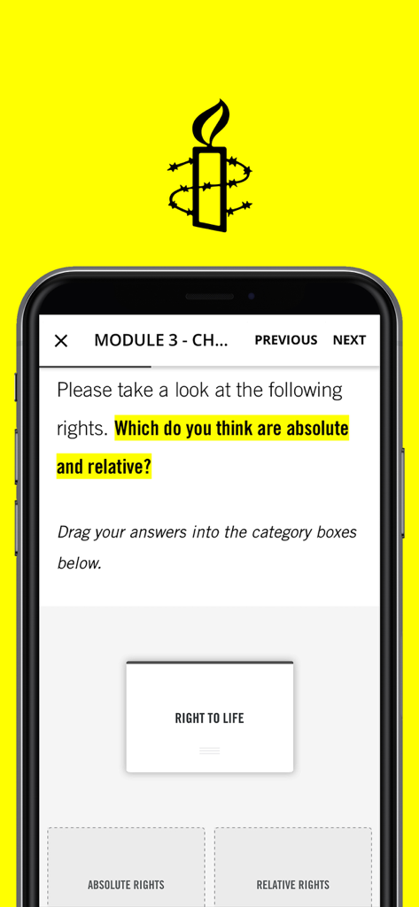 Um módulo interativo no aplicativo Academia de Direitos Humanos onde os usuários categorizam diferentes direitos humanos como absolutos ou relativos.