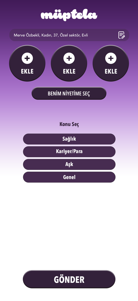 Müptela - Kahve Falı, Tarot - Muptelaアプリのコーヒーカップ写真アップロードとトピック選択画面。