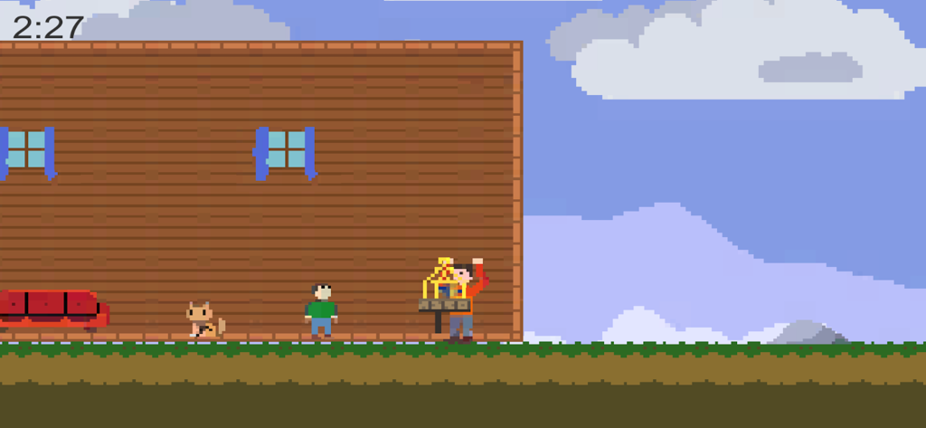 Pixel art characters standing outside a wooden house in the House Moving Service mobile game