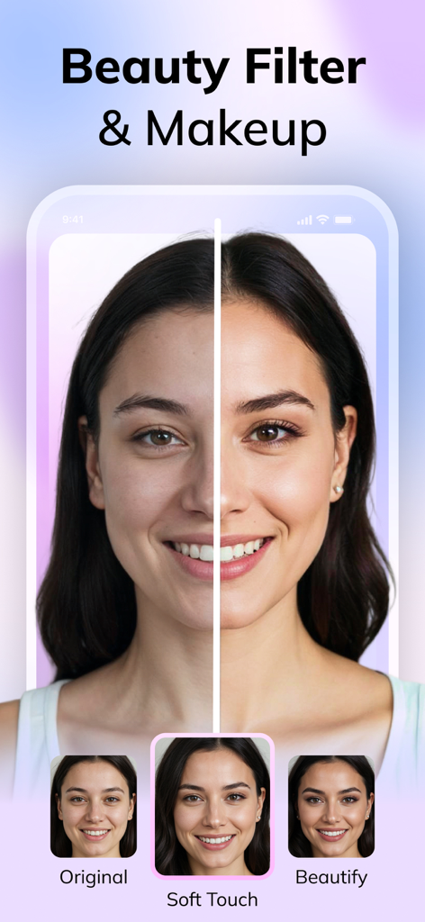 HairApp: AI Hairstyle Try On - Split screen view showing original photo versus AI beauty filter and makeup effects