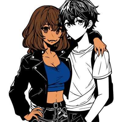 anime girl with shoulder length hair wearing a leather jacket and crop top hugging an anime guy wearing a tee shirt