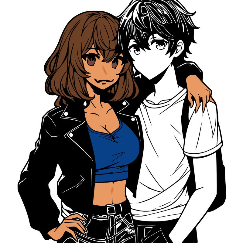 anime girl with shoulder length hair wearing a leather jacket and crop top hugging an anime guy wearing a tee shirt