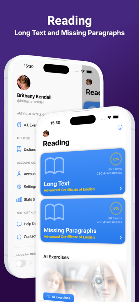 English C1 CAE - Oberfläche der English C1 CAE App, die Lese-Examenskategorien wie Long Text und Missing Paragraphs zeigt