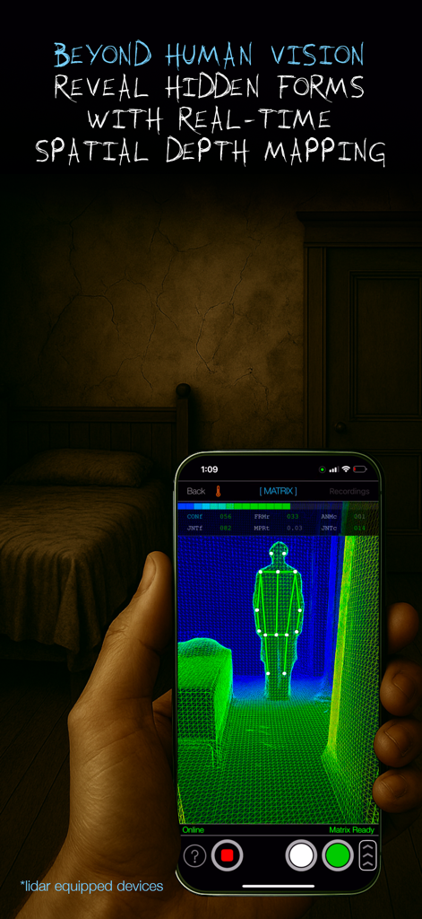 Ghost Science M3 app showing real time spatial depth mapping and figure detection on a smartphone