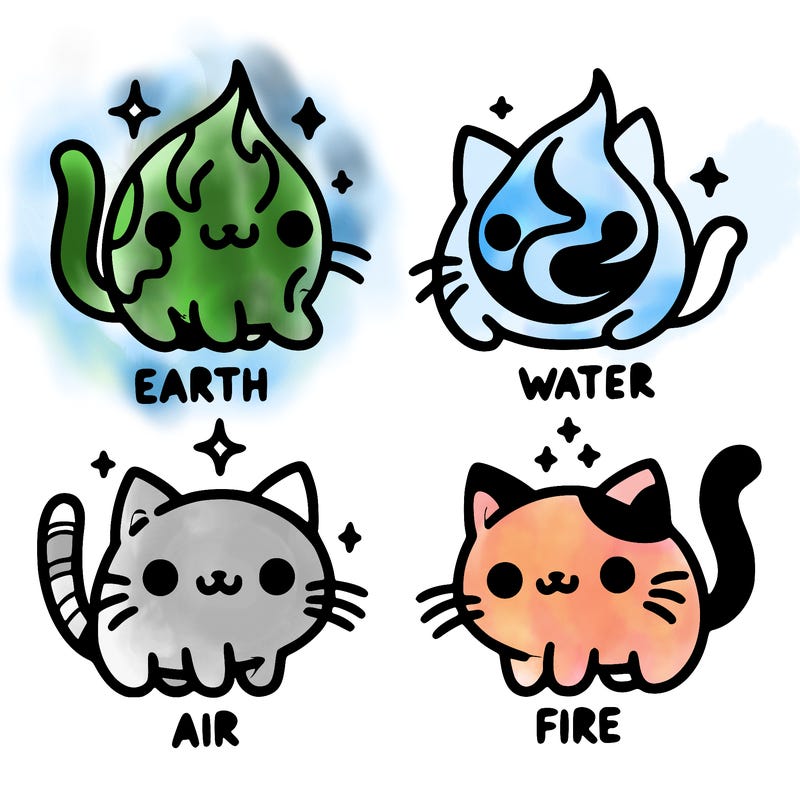 4 cats that represent the different elements, earth, water, air, and fire