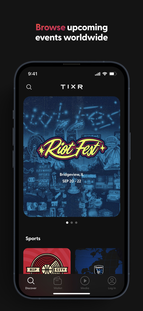 Tixr - Event Tickets - Interface móvel do aplicativo Tixr para navegar em festivais de música e eventos esportivos futuros em todo o mundo