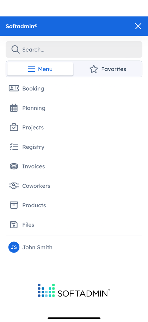 Softadmin® - Softadmin mobile app interface showing a navigation menu with options for booking planning projects and invoices