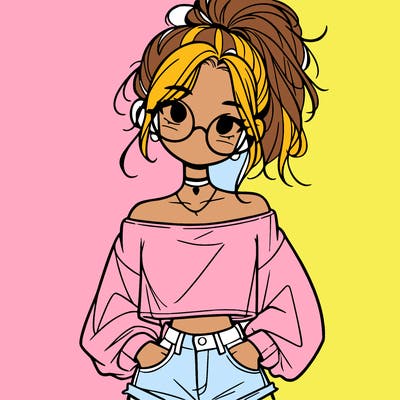 girl with a messy ponytail glasses a baggy crop top and jean shorts