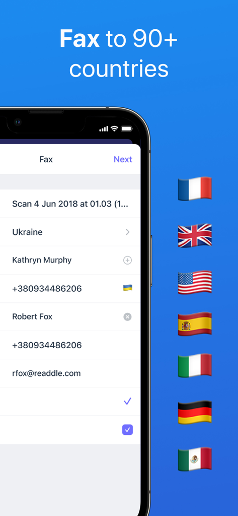 Scanner Mini app interface showing international faxing options with country flags including USA and UK