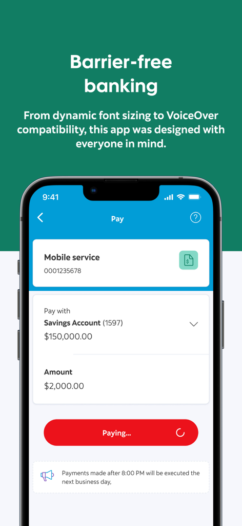 Scotia Caribbean 앱 인터페이스로 장벽 없는 은행 업무 및 청구서 결제 기능을 강조합니다.
