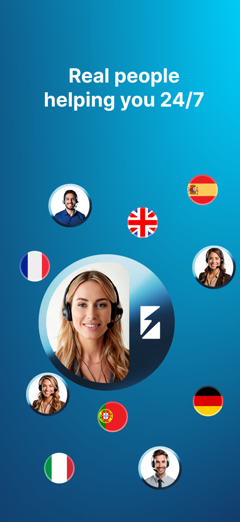 Zunder mobile app screenshot showing 24/7 multilingual customer support with real agents and international flags