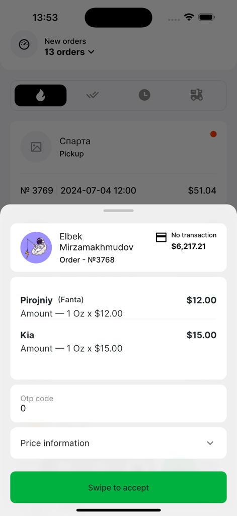 GO Partner: Vendor App - Interface of the GO Partner Vendor App showing details for a new customer order and a swipe to accept button.