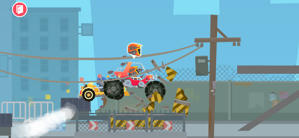 Ein gelbes Auto und ein roter Monster-Truck springen in einem Rennspiel für Kleinkinder über industrielle Hindernisse.