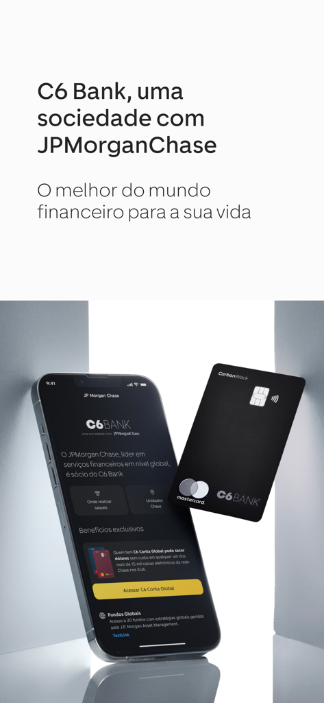 Smartphone screen displaying C6 Bank app with JPMorgan Chase partnership text next to a premium Carbon Black credit card