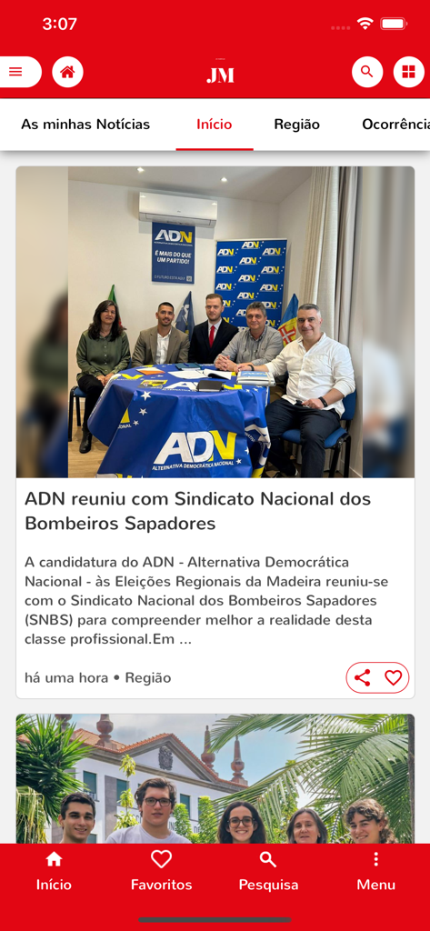 JM Madeira - Home screen of the JM Madeira news app displaying local news articles and regional navigation categories