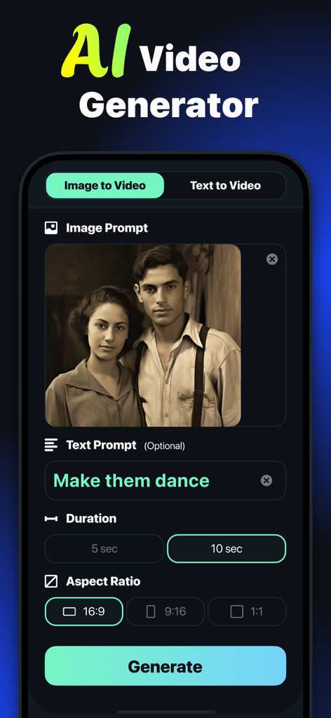 AI video maker interface demonstrating how to animate a photo using a text prompt.