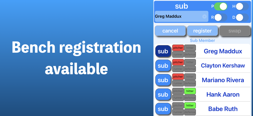 Baseball Lineup app screen showing bench registration for substitute players with roles for pitcher and hitter