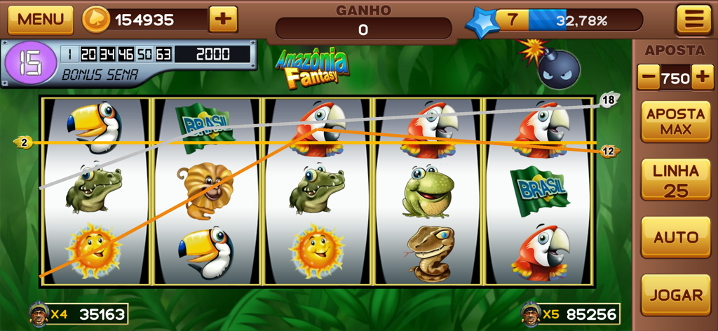 Halloween Caça Níquel - Gameplay screen of Amazon Fantasy themed slot machine featuring tropical animal icons like toucans and crocodiles