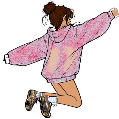 realistic girl jumping with a bun and oversized sweatshirt