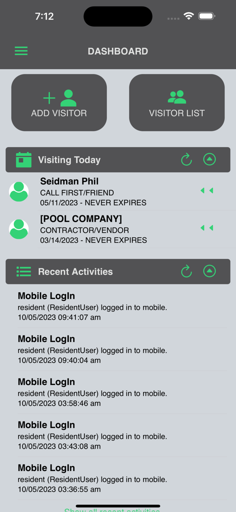 GateHouse® Resident Phone App - GateHouse Resident App dashboard showing visitor management tools and recent login activity