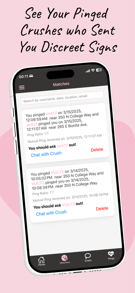 Ping Your Crush - A mobile interface showing mutual matches in the Ping Your Crush app with notifications to chat with a crush