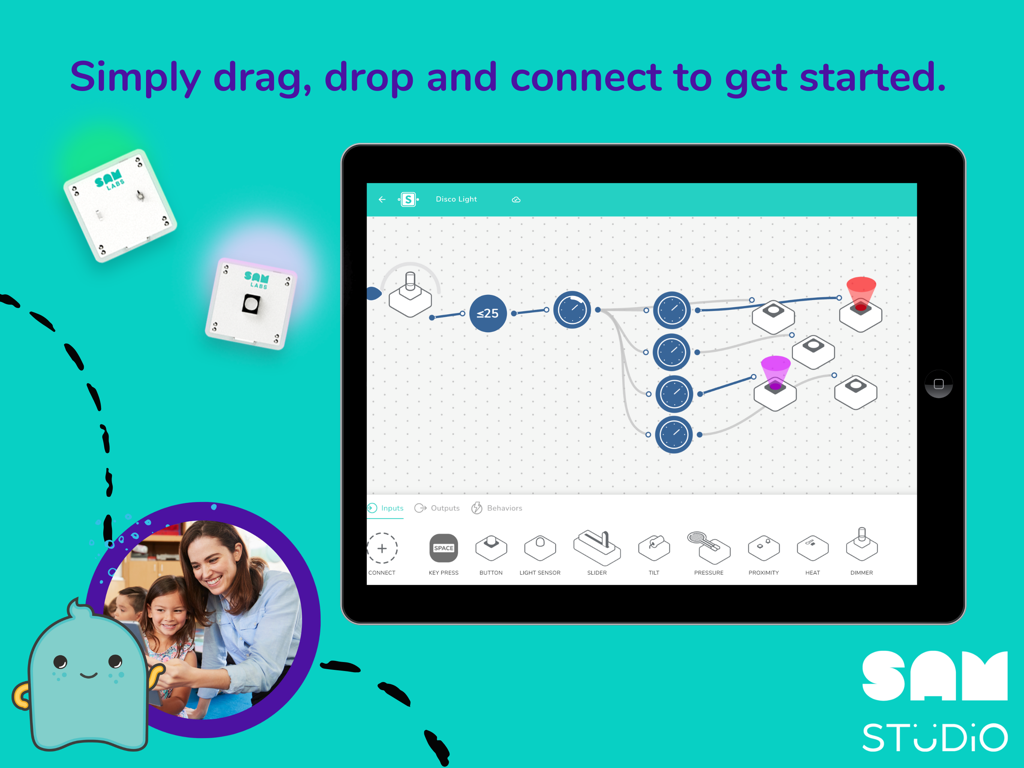 SAM Studio app displaying visual flow-based coding on an iPad with physical electronic blocks
