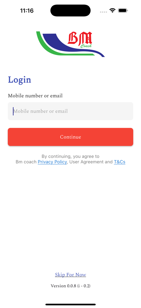 BM Coach - Login screen of the BM Coach bus booking app for Tanzania with options to sign in using mobile number or email