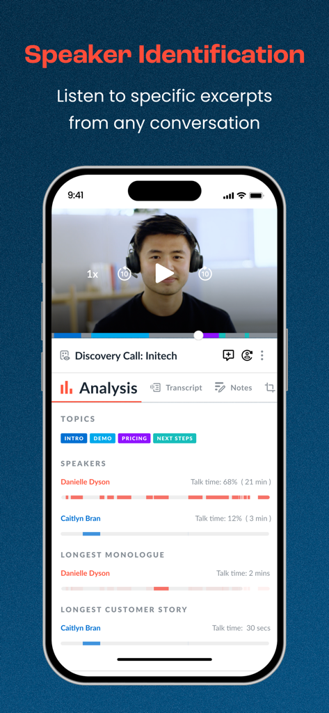 Avoma - Avoma app interface showing meeting speaker identification and talk time analysis