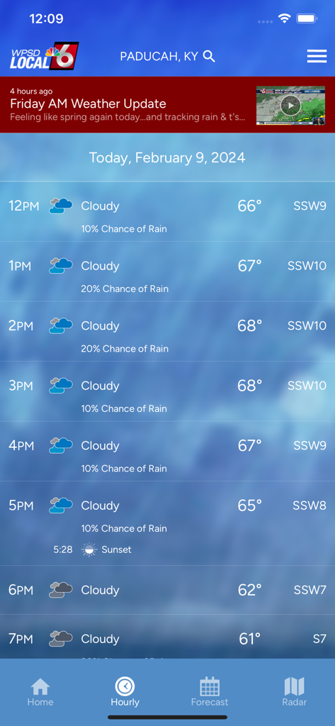 WPSD Radar mobile app screen showing the hourly weather forecast for Paducah Kentucky including temperature and precipitation chance